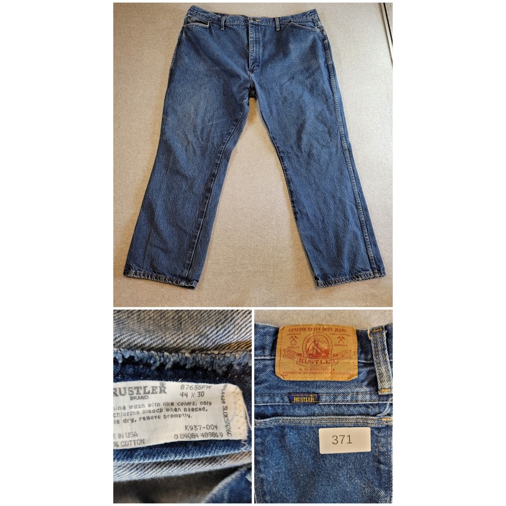 Vintage Rustler Mens Blue Denim Jeans Made in USA 44x30 Straight Leg 87655PW
